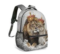 Royal Lion and Lioness Crown 16 Inch Backpack Vintage Artwork Print King Queen Couple Pride Daypack Dark Textured Travel Bag (03)