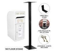 Royal Mail Post Box with Floor Stand ER Cast Iron Wall Mounted Wedding Authentic Pillar Replica Lockable Post Office Letter Box White
