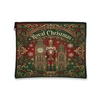 Royal Nutcracker Christmas Quote Makeup Bag, Dark Green, 7x9 Inch | Holly And Berry Accents, Makeup Zipper Pouch, Gold Filigree Borders, Clock Tower Graphic, Traditional Winter Motif