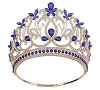 Royal Queen Round Crown Women Bridal Wedding Party Hair Accessories Gold Blue