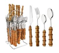 Royal Shang Youpin Featured Genuine Bamboo Handle Kitchen Stainless Steel Silverware Tableware Flatware Cutlery Knives Forks Spoons Set Home Steak Knife Dessert Spoon (Silver,24 pieces/cutlery rack)