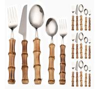 Royal Shang Youpin Featured Genuine Bamboo Handle Kitchen Stainless Steel Silverware Tableware Flatware Cutlery Knives Forks Spoons Set Home Steak Knife Dessert Spoon (Silver,20 pieces)
