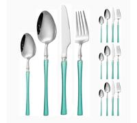 Royal Shang Youpin Small Waist Handle Kitchen Stainless Steel Silverware Tableware Flatware Cutlery Knives Forks Spoons Set Home Steak Knife Dessert Spoon (Green Silver,16 pieces)