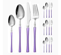 Royal Shang Youpin Small Waist Handle Kitchen Stainless Steel Silverware Tableware Flatware Cutlery Knives Forks Spoons Set Home Steak Knife Dessert Spoon (Purple Silver,16 pieces)