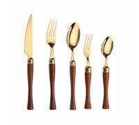 Royal Shang Youpin Small Waist Rosewood Handle Kitchen Stainless Steel Silverware Tableware Flatware Cutlery Set Steak Knife Fork Spoon Teaspoon (5-piece pointed spoon,Gold)