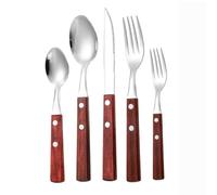Royal Shang Youpin Solid Wood Handle Kitchen Stainless Steel Silverware Tableware Flatware Cutlery Knives Forks Spoons Set Home Steak Knife Dessert Spoon (B,5 pieces)