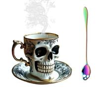 Royal Skull Coffee Mug, Gothic Porcelain Tea Cup with Saucer Set, Elegant Gold Trimmed Ceramic Skull Cup, Unique Halloween for Coffee & Tea Lovers, Collectors and Skul Enthusiasts(#C)