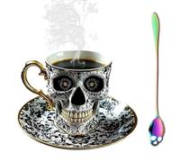 Royal Skull Coffee Mug, Gothic Porcelain Tea Cup with Saucer Set, Elegant Gold Trimmed Ceramic Skull Cup, Unique Halloween for Coffee & Tea Lovers, Collectors and Skul Enthusiasts(#A)