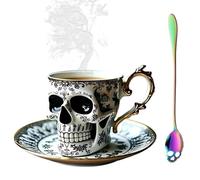 Royal Skull Coffee Mug, Gothic Porcelain Tea Cup with Saucer Set, Elegant Gold Trimmed Ceramic Skull Cup, Unique Halloween for Coffee & Tea Lovers, Collectors and Skul Enthusiasts(#B)