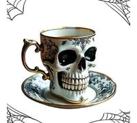 Royal Skull Coffee Mug, Skull Coffee Cup, Gothic Porcelain Tea Cup with Gold Trim, Halloween Themed Skeleton Head Mugs, for Coffee Lovers and Collectors (B)