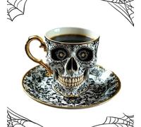 Royal Skull Coffee Mug, Skull Coffee Cup, Gothic Porcelain Tea Cup with Gold Trim, Halloween Themed Skeleton Head Mugs, for Coffee Lovers and Collectors (A)
