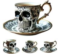 Royal Skull Coffee Mug, Skull Coffee Cup with Saucer Set, Gothic Porcelain Tea Cup with Gold Trim, SkullCoffee Mug Halloween Gifts, Great for Coffee Lovers & Collectors (A)