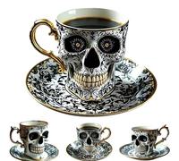 Royal Skull Coffee Mug, Skull Coffee Cup with Saucer Set, Gothic Porcelain Tea Cup with Gold Trim, SkullCoffee Mug Halloween Gifts, Great for Coffee Lovers & Collectors (C)