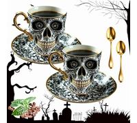 Royal Skull Coffee Mug, Skull Coffee Cup Without Saucer, Gothic Porcelain Tea Cup With Gold Trim, Halloween Themed Skeleton Head mugs, Diabolical Bonehead Cups For Coffee Lovers And Collectors (2pcs)