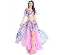 ROYAL SMEELA Belly Dance Top And Skirt 2pce Belly Dance Set Sexy Belly Dance Costumes Suit Practice Performance Dresses Floral Chiffon Tops Skirts Short Top Long Skirt Belly Dancing Outfit For Women