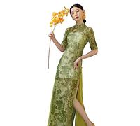ROYAL SMEELA Chinese qipao dress for women mesh printed cheongsam long dress woman Chinese traditional cheongsam qipao Lady Slit Short Sleeve chinese style qipao sexy stand collar cheongsam dress