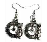Royal Swan Alice White Rabbit & Clock (32x25mm) Earrings on Hallmarked Sterling Silver Hooks in a Velvet Gift Bag. March Hare, Cosplay, Fairytale Earrings.