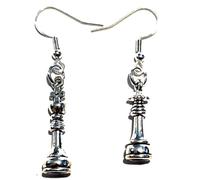 Royal Swan Antique Silver, Asymmetrical Chess King & Queen Earrings on Sterling Silver Hooks in a Velvet Gift Bag. Board Game Lover Jewelry.
