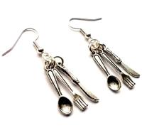 Royal Swan Antique Silver Cutlery Earrings on Sterling Silver Hallmarked Hooks 1.8" Food Foodie Knife Fork Spoon Drop Earrings in a Velvet Gift Bag.