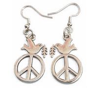 Royal Swan Antique Silver Dove with Olive Branch on a Peace Sign Earrings on Hallmarked Sterling Silver Hooks in a Velvet Gift Bag. Peace Lover, Hippy/Boho, Retro 60's Style Earrings.