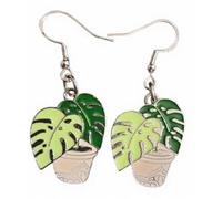 Royal Swan Antique Silver & Enamel Swiss Cheese Plant (26x21mm) Earrings on Hallmarked Sterling Silver Hooks in a Velvet Gift Bag. Botanical Leaf Jewelry.