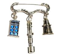Royal Swan Antique Silver & Enamel Whovian Brooch with Police Phone Box, Sonic Screwdriver & Dalek in a Velvet Gift Bag. Who Pin/Badge.