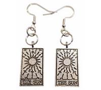 Royal Swan Antique Silver, Front-Facing Dangly 'THE SUN' Tarot Card (24x14mm) Earrings on Hallmarked Sterling Silver Hooks in a Velvet Gift Bag. Psychic, Clairvoyant Jewelry.