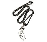 Royal Swan Antique Silver Kokopelli Pendant Necklace on a 24 inch Stainless Steel Box Chain in a Velvet Jewelry Bag, Flute Playing Native American Fertility, Music Deity Jewelry