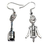 Royal Swan Antique Silver Mismatched Wine Bottle & Corkscrew Earrings On Sterling Silver Hooks in a Velvet Gift Bag, Asymetrical Drop Dangle Wine Lover Earrings