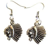 Royal Swan Antique Silver Native American Indian Head (22x20mm) Earrings on Sterling Silver Hooks in a Velvet Gift Bag. Apache, Cherokee, Crow, Navajo Jewelry.