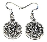 Royal Swan Antique Silver SAINT CHRISTOPHER PROTECT US Medal Earrings on Sterling Silver Hooks in a Velvet Gift Bag. Traveller Travel Protection Jewelry