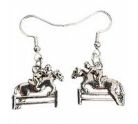 Royal Swan Antique Silver Show Jumping Horse Earrings, Hallmarked Sterling Silver Hooks, 4cm Drop Length, Equestrian Steeplechase Theme, Dangle Style with a Velvet Gift Bag