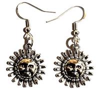 Royal Swan Antique Silver Smiling Sun Drop Earrings, Sterling Silver Hooks, Boho Style, Planet Design, 40mm Length, Dangle Earrings, Unisex, Velvet Gift Bag Included