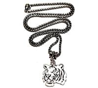 Royal Swan Antique Silver Tiger Head Pendant Necklace on a 60cm Stainless Steel Box Chain in a Velvet Gift Bag. Big Cat Wild Animal Jewelry.