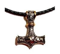 Royal Swan Antique Silver with Gold Inlay Thor's Hammer Necklace on a Plaited Leather Chain in a Velvet Gift Bag, Viking Helmet/Mjolnir Pendant Nordic Runic Necklaces Norse Jewelry