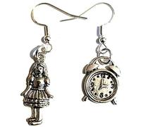 Royal Swan Asymmetrical, Antique Silver, Alice & Alarm Clock Earrings on Sterling Silver Hooks in a Velvet Gift Bag. Cosplay, Bippy/Boho, Fairytale Fantasy Jewelry