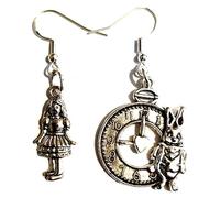 Royal Swan Asymmetrical, Antique Silver, Alice & Clock with White Rabbit Earrings on Sterling Silver Hooks in a Velvet Gift Bag. Cosplay, Bippy/Boho, Fairytale Fantasy Jewelry