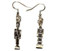 Royal Swan Asymmetrical, Antique Silver, Guardsman & Big Ben Earrings on Sterling Silver Hooks, Grenadier, Houses of Parliament, Soldier, London Souvenir Jewelry.