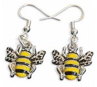Royal Swan Cute, Front-Facing, Antique Silver & Enamel Bee Earrings on Sterling Silver Hallmarked Hooks in a Velvet Gift Bag. Bees 18x18mm. Drop 30mm. Honey, Bumblebee, Woodlands Jewelry.