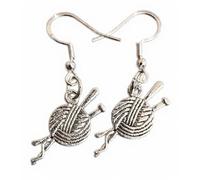 Royal Swan Front-Facing, Antique Silver Knitting Earrings on Sterling Silver Hallmarked Hooks in a Velvet Gift Bag. Ball of Wool & Knitting Needle Earrings. Knitter, Yarn Jewelry.