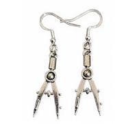 Royal Swan Geometry Compass Dangle Earrings, Antique Silver with Hallmarked Sterling Silver Hooks in a Velvet Gift Bag. 3.5cm Drop Length, Architect Mathematician Theme