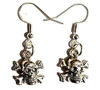 Royal Swan Gothic, Antique Silver, Skull and Crossbones Dangle Earrings on Sterling Silver Hooks in a Velvet Gift Bag, Pirate Theme Fashion Jewelry, Halloween Costume Accessories