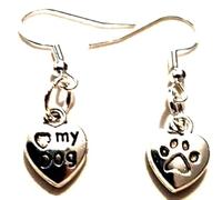 Royal Swan 'I Love My Dog' Earrings on Sterling Silver Hooks - Mismatched Earrings - Paw Print Earrings - Dog Paw Jewelry - Heart Earrings - Dog Lover Gift - Hypoallergenic