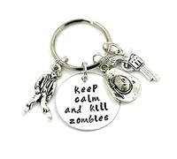 Royal Swan Keep Calm and Kill Zombies Key Ring, Hand Stamped Key Chain, The Walking Dead Keychain, Zombie Keyring, Hat and Gun Charm, Birthday Gift, Gift Bag