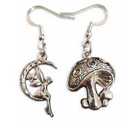 Royal Swan Magical Mismatched Antique Silver Toadstool & Moon Fairy Dangle Earrings, Hallmarked Sterling Silver Hooks, 4cm Drop Length, Fantasy Cosplay Jewellery with Velvet Gift Bag