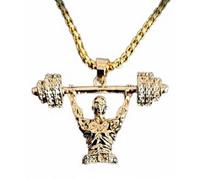 Royal Swan Micro Pave Cubic Zirconia Bodybuilder Weightlifter Pendant Necklace, Gold Tone Stainless Steel Chain, 24 Inch, with Velvet Gift Bag. Fitness, Gym, Statement Jewelry.
