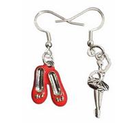 Royal Swan Mismatched, 3D, Enamel & Antique Silver Ballerina & Red Ballet Slippers on Sterling Silver Hooks in a Velvet Gift Bag. Dancer, Red Shoe Earrings.