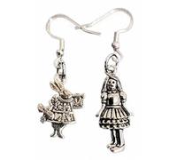 Royal Swan Mismatched, Antique Silver Alice & White Rabbit Earrings on Hallmarked Sterling Silver Hooks in a Velvet Gift Bag. Fairytale, Fantasy, Cosplay Jewelry.