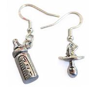 Royal Swan Mismatched, Antique Silver Baby Bottle and Dummy Earrings on Sterling Silver Hooks in a Velvet Gift Bag. Baby Shower, Christening, Pregnancy, New Child Wear Jewelry.