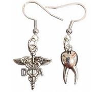 Royal Swan Mismatched, Antique Silver Dental Assistant Caduceus & Tooth Earrings on Hallmarked Sterling Silver Hooks in a Velvet Gift Bag. Dental Nurse, Dentist, Dentistry Earrings.